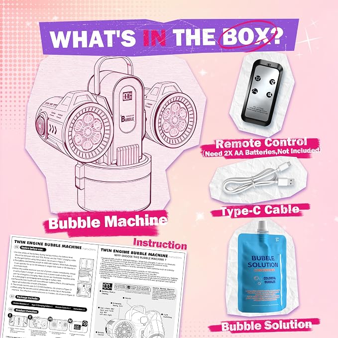 Dual-Engine Bubble Machine with Auto Rotation & RGB Lights & Remote Control,1800mA Type-C Rechargeable,700mL Tank,Bubble Maker for Kids, Party, Wedding, Backyard Outdoor Toy