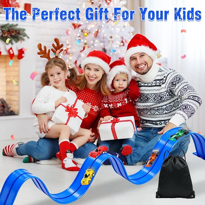 20 Ft Flexible Race Track Toys, Flex Race Car Ramp Track with 4 Race Cars & Suction Cups Rolls Up Portable DIY Race Track Anti Gravity Car Track Set,Kids Racecar Track Toy(Blue)