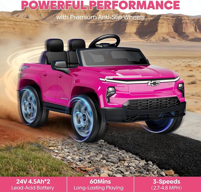 24V Licensed Chevrolet Silverado EV Electric Car for Kids, Ride on Toys for Toddlers with Remote Control, Soft Start, Wide Seat, 3 Speed, LED Lights, Music Player, Birthday Gift, Pink