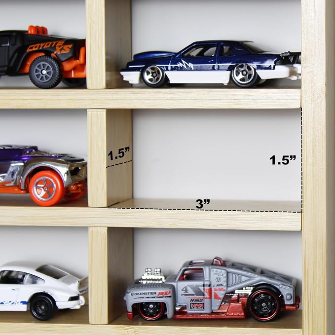Car Garage Toy Shelf Display - Wall Mount for 1/64 Diecast Toy Cars - Wooden Wheels Shelf - Gift for Collectibles - Wall-Mounted Toy Car Storage Cabinet (105 Cars)