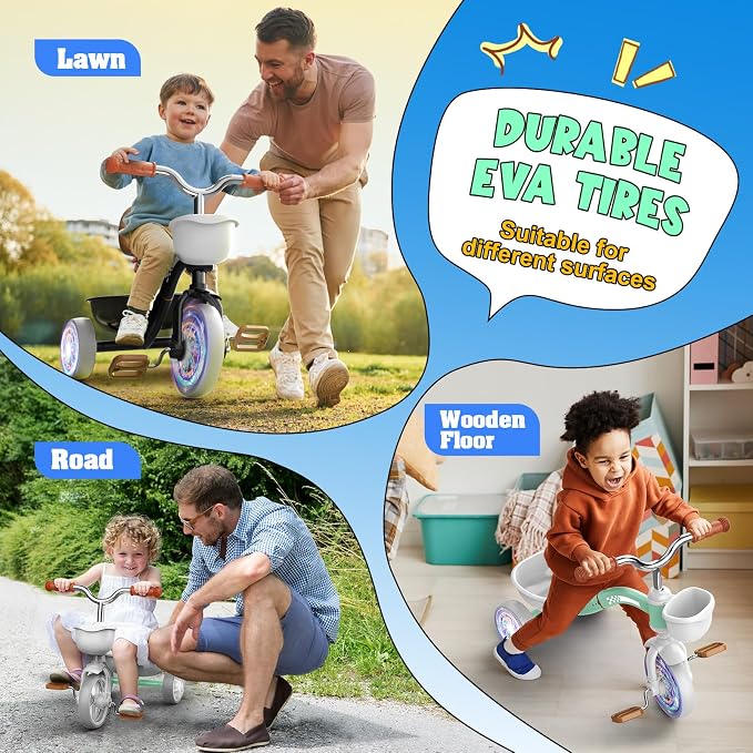 Kkdi Toddler Tricycle for 1-3 3-5 Year Olds, 2 3 4 5 Year Old Girl Boy Birthday Gifts, Toddler Baby Bike, 4-Level Adjustable Seat, 3 Color Light Wheels, 2 Baskets, Outdoor Riding Toys for Ages 2-4