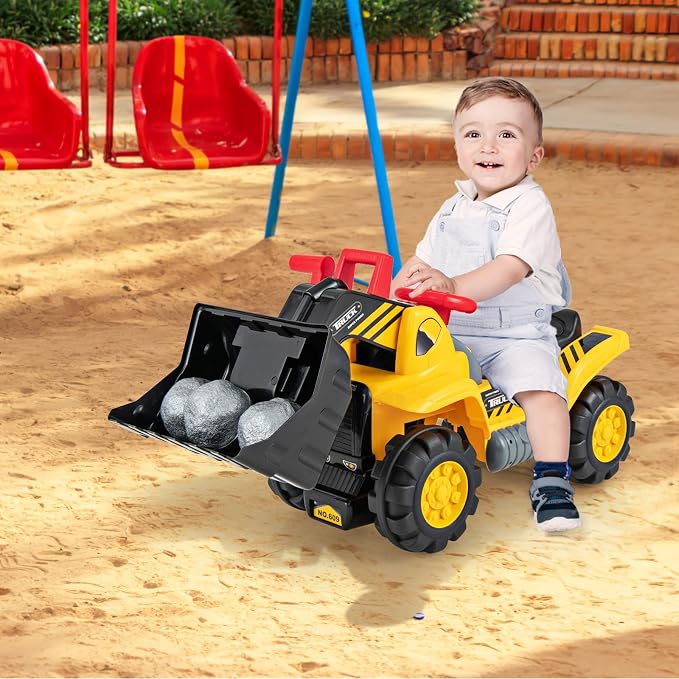 HONEY JOY Ride on Excavator, No Power Ride on Construction Vehicles for Kids, Helmet, 3 Toy Rocks, Adjustable Bucket, Horn, Ride On Loader, Bulldozer Ride on Toy, Gift for Boys Girls