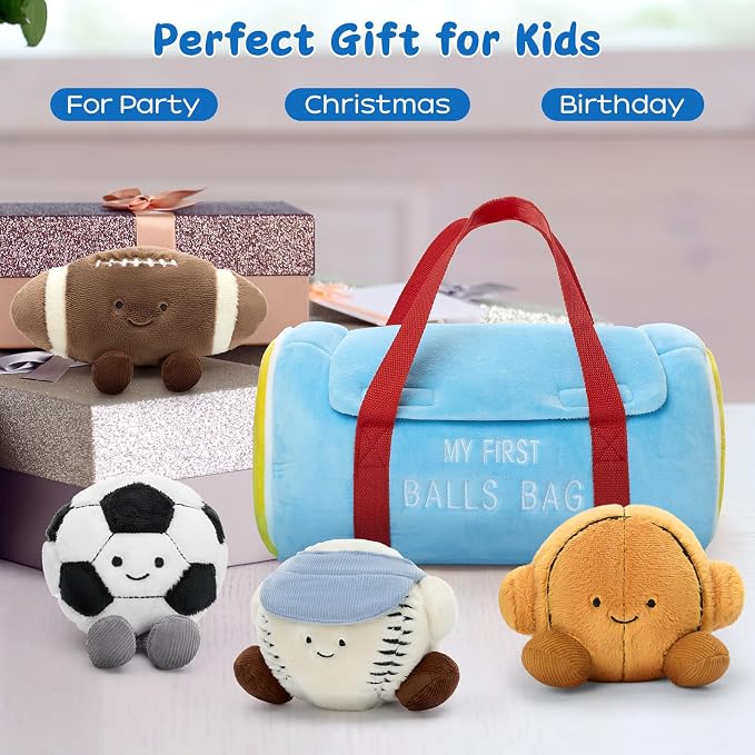 MaoGoLan 12.6 Inch My First Sports Bag Plush Toy, Baby Sports Toys with 4 Pcs Soft Stuffed Ball Plushy - Basketball, Baseball, Football and Soccer, Ideal Baby Shower Birthday Gift for Boys Girls