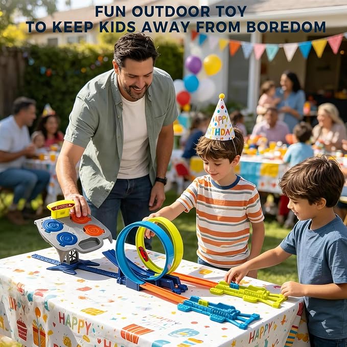 Dual Toy Car Race Track Set for Kids 2 Player Loop & Launch Car Track Toy with Score Points, 4 Metal Alloy Racing Cars, Interactive Sound Effects & Competitive Stunt Challenge for Boys & Girls