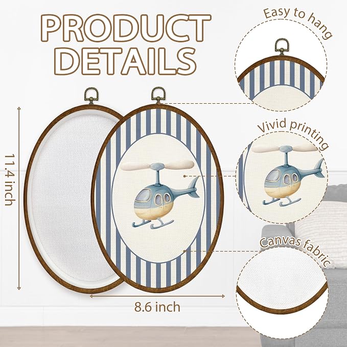 WULQYING Vintage Boy Nursery Plane Wall Art Decor, Travel Boy Nursery Airplan Oval Framed Canvas Art Prints, Plane Vehicle Toddler Wall Hanging Decor for Home Kids Living Room Bedroom,8.6x11.4 Inches