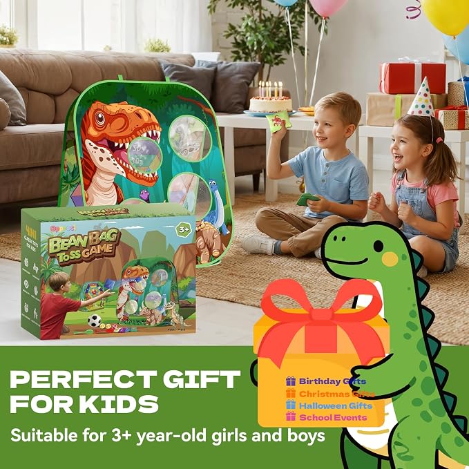 4-in-1 Dinosaur Bean Bag Toss Game for Kids, Cornhole & Dart Board Set for Toddlers, Outdoor Toys for Family Party, Backyard, Beach & Lawn Activities, Gift for Boys and Girls Ages 3 4 5 6 7 8