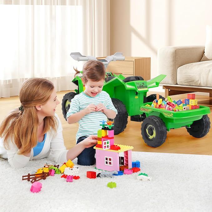 TOBBI 6V Electric Kids Ride On Toy ATV with Trailer, 4 Wheeler Powered Car, Toddler Vehicle to Drive with Music/Battery Volume Display for Children Age 2-6-Green