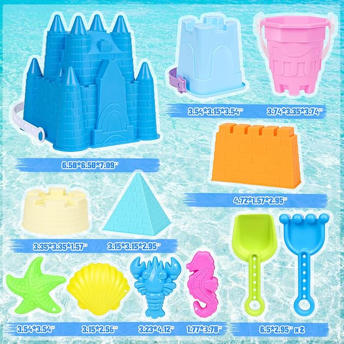 FUSPWEAO Beach Sand Toys, Sand Castle Toys with Castle Bucket, Creative Molds, Shovel and Rake, Sandbox Play Set for Kids Ages 3-12, Outdoor Summer Beach Essentials for Building & Playing