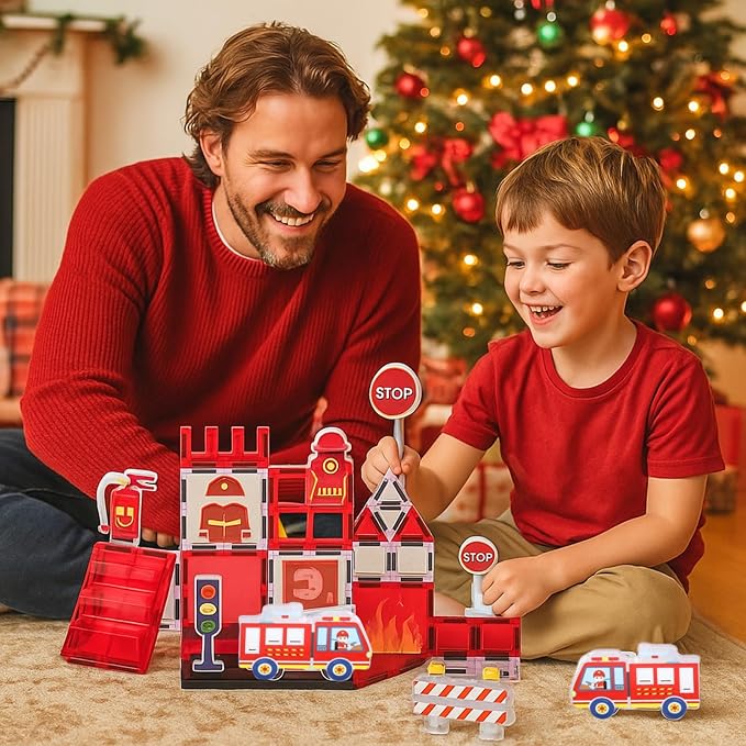 Firefighter Magnetic Tiles for Toddlers 3-5 β STEM Building Blocks Set with Fire Truck, Hydrant, Extinguisher & Storage Bag, Fire Station Creative Play for Boys & Girls, Christmas Birthday Gift