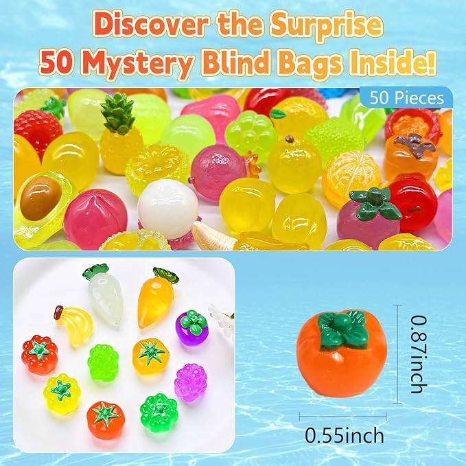 50 Pcs Glow in the Dark Mini Fruit Figurines Blind Bag Set – Resin Luminous Fruits for DIY Crafts, Fairy Garden Accessories, Dollhouse Decor, Mystery Bag Party Favors, Surprise Gift Set