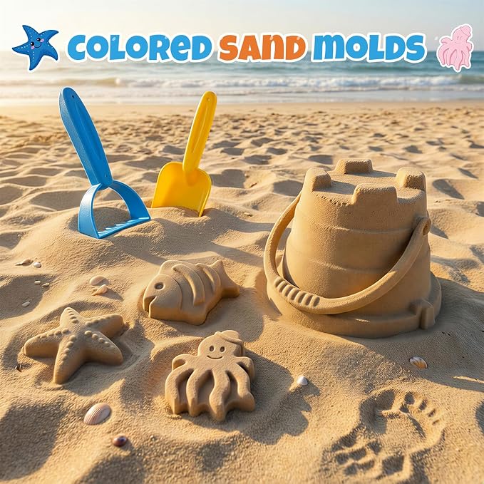 Beach Sand Toys Set for Toddlers, Portable Travel Beach Toys with Collapsible Bucket, Shovel, Rake, 3 Molds & Mesh Storage Bag for Kids, Summer Gift