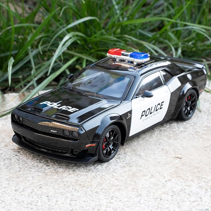 Police Car Model for Collectible 1:24 Dodge Challenger SRT Hellcat Toy, Diecast Vehicle Toy with Lights and Sounds,Pull Back Decoration Model Car Toy for Adults Kids Birthday Gifts