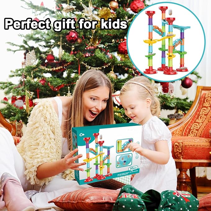 50 PCS Marble Toy Premium Set,STEM Educational Building Block Toy,Marble Track Race Set with 15 Glass Marbles for Boys & Girls,Construction Building Blocks Toys for Kids