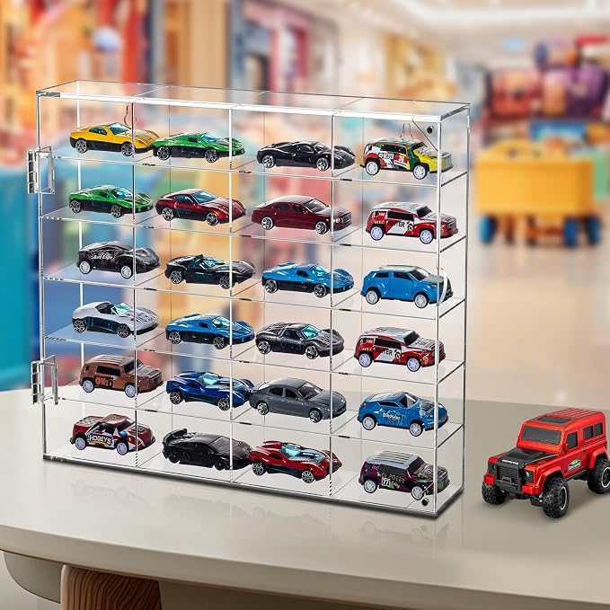 JUESHA Acrylic Display Case for Hot Wheels Storage 1/64 Scale, 6 Levels 24 Slots Toy Cars Showcase Wall Mount or Desktop, Clear Display Organizer for Diecast Matchbox Model Car Tabletop