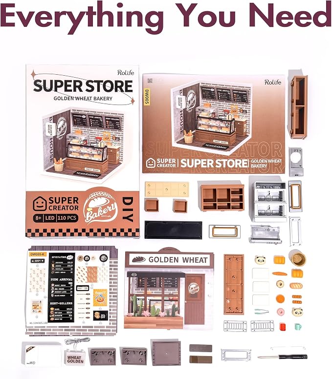 Rolife LED Building Blocks for Adults,1:24 Toy Building Sets,Model Building Kits,DIY Miniature Dollhouse Kits for Adults,Hobbies for Women Men (1.Golden Wheat Bakery)