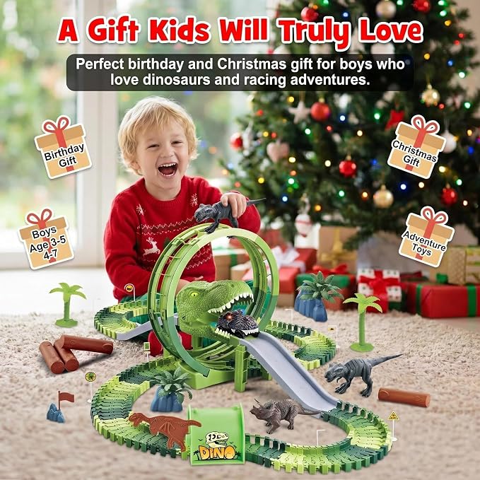 Dinosaur Race Track Toys for Boys 3-5, T-Rex Dinosaur Car Track Set with Giant Loop, Flexible Adventure Race Track Playset for Boys Age 4-7 Birthday Gifts