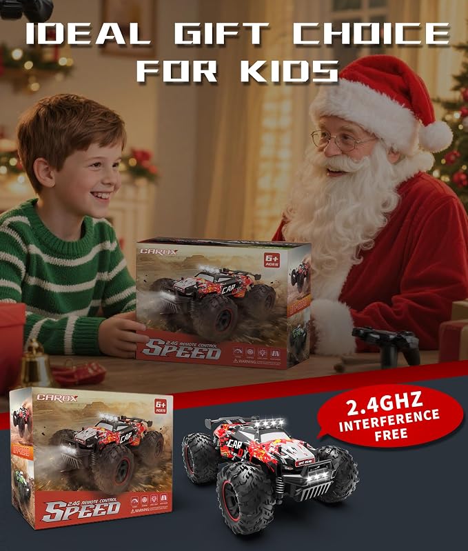 Carox Remote Control Car, 2.4GHz 26KM/H High Speed RC Car, 1:18 Off-Road Monster Truck with LED Lights, Proportional Throttle & 1800mAh Rechargeable Batteries β Ideal Gift for Boys 6+ (RED)