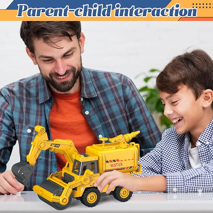 3-in-1 Construction Truck Toy, Excavator & Road Roller Combo with Water Spray Function, Inertia-Powered Push-and-Go, Working Digger Arm & Rolling Drum, Outdoor Sandbox Vehicle for Boys Girls Age 3+