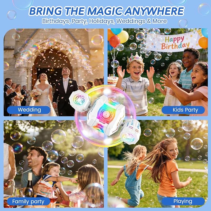 Bubble Machine with Remote Control, 360° Auto Rotation 30000+ Big Bubbles Multicolor LED Lights, Rechargeable Bubble Machine for Parties Birthday Wedding Boys Girls Indoor Outdoor