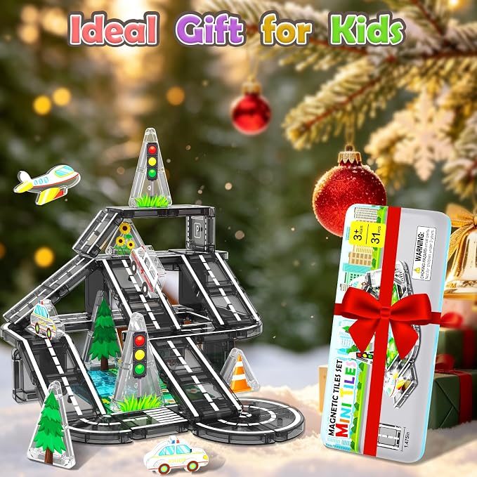 Road Mini Magnetic Tiles with Case Travel Toys for 3+ Year Old Boys Girls