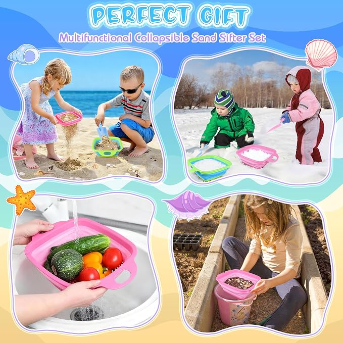 EULRGAUS Beach Sand Toys, 2 Collapsible Sand Sifters, 2 Beach Shovels, 2 Mesh Beach Bags, Shark Tooth Sifter & Shell Collecting for Kids Boys and Girls, Beach Essentials for Family