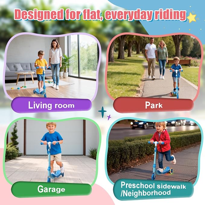 Kick Scooter for Kids Ages 3-7, Three Wheel Toddler Scooter with Handlebar Steering(No Lean),Height Adjustable, Light Up Rear Wheels, Indoor Outdoor Toy for Girls Boys, Holiday Birthday Gift