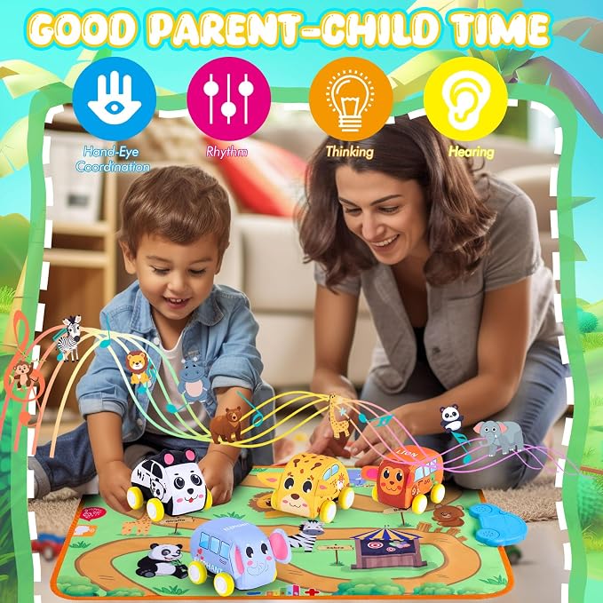 Jetbotell Soft Pull Back Vehicle & Music Mat Set for Toddler Toys 1-3 | New Interactive Mode | 4 Cute Animal Cars | Touch Play Blanket | 3 Nursery Rhyme | 8 Animal Finding Problems | Safe Portable