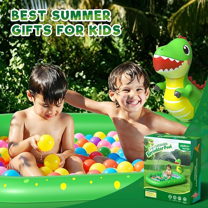 Splash Pad for Toddlers 1-3, Dinosaur Inflatable Sprinkler for Kids, 3-in-1 Baby Splash Pads Outdoor Play Mat, Kids Pool Backyard Summer Water Toys Birthday Gift for 1+ Year Old Girls Boys