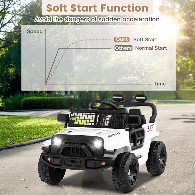 OLAKIDS 12V Ride On Truck, Battery Powered Electric Vehicle for Kids with Remote Control, Foldable Reflective Mirror, Spring Suspension, Music, LED Lights, Ride on Toy for 3+ Boys Girls (White)