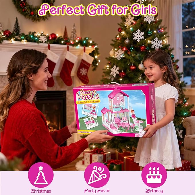 TUZT 2-Story Doll House with Stairway, Toy Figure, Pet Dogs, Furniture and Accessories, Pretend Play Dream Dollhouse with Light, Christmas Birthday Gifts for Kids Toddlers Girls Aged 3 4 5 6