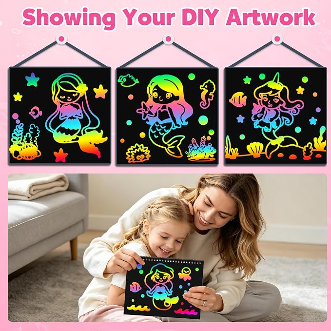 ZMLM Scratch Paper Art Craft: 2 Pack Rainbow Scratch Set for 3 4 5 6 7 8 9 10 Years Old Girls Boys Students Drawing Coloring Black Magic Art Supplies Kits Gifts School Birthday Party Toys (Mermaid)