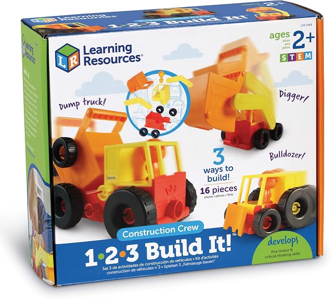 Learning Resources 1-2-3 Build It Construction Crew - Take Apart Construction Toys, Toddler Excavator Toy, Kids Dump Truck Toy, Tractor Toys for Kids 3-5, Building Sets for 4 Year Olds