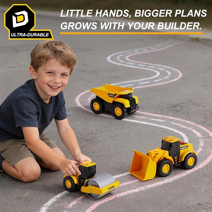 5 PCS Construction Vehicles Toy Set for Kids - Friction Powered Bulldozer, Dump Truck & Road Roller with Lights & Sounds, Sandbox Beach Sand Toys for Toddlers Boys Girls Ages 3-5 4-8, Birthday Gift