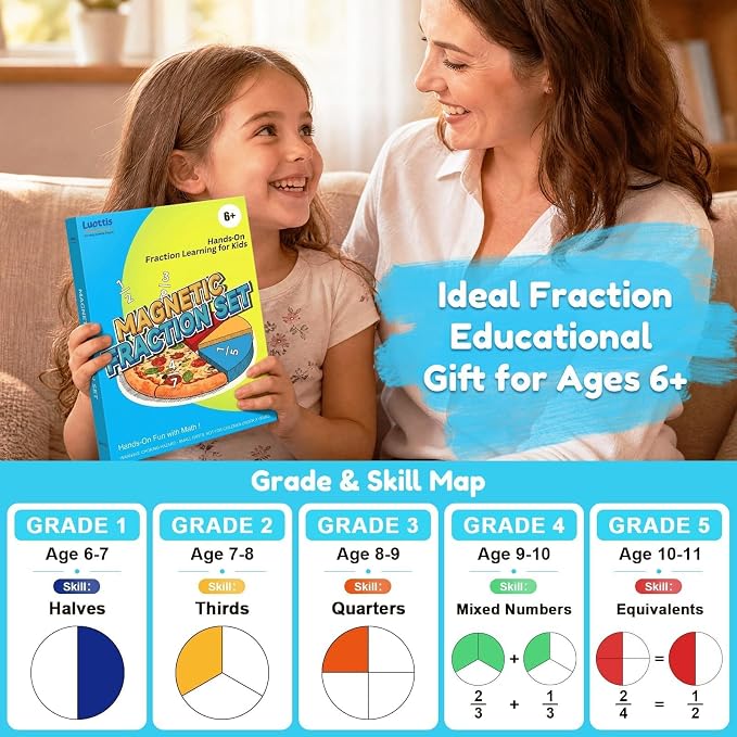 Magnetic Fraction Playbook for Kids – Magnetic Fraction Tiles & Montessori Fraction Demonstration Book, Hands-On Educational Puzzle Learning Set for Home, Elementary Classroom & Homeschool