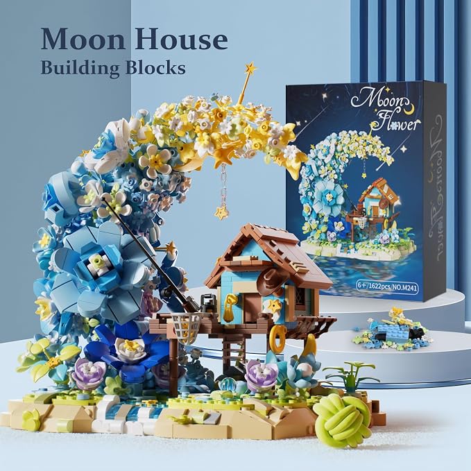 SUNHABI Moon Flower Mini Bricks Building Set, Fairy Cabin and Blue Flower Bouquet, Mini Building Blocks Botanical Collection Set, Unique Home Decor, Gift for Her and Him - 1622 Pcs Mini Bricks