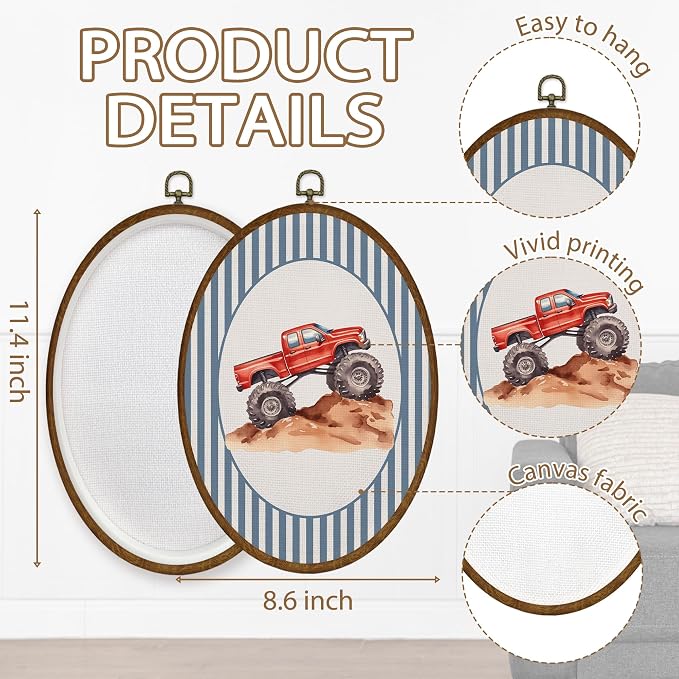 WULQYING Red Truck Boy Nursery Wall Art Decor, Kids Playroom Oval Framed Canvas Art Prints, Blue Striped Truck Wall Hanging Decor for Kids Boys Toddler Room Bedroom Playroom, 8.6x11.4 Inches