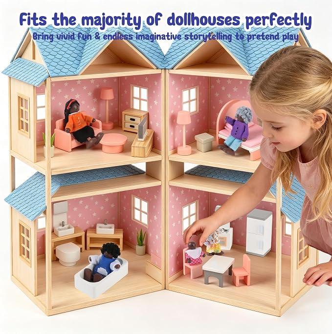 8PCS Wooden Dollhouse Family Miniature Doll Set Wooden Dollhouse Dolls for Boys Girls Toddler Kids Cosplay Figures Accessories for Pretend Toy Ages 3+ 
