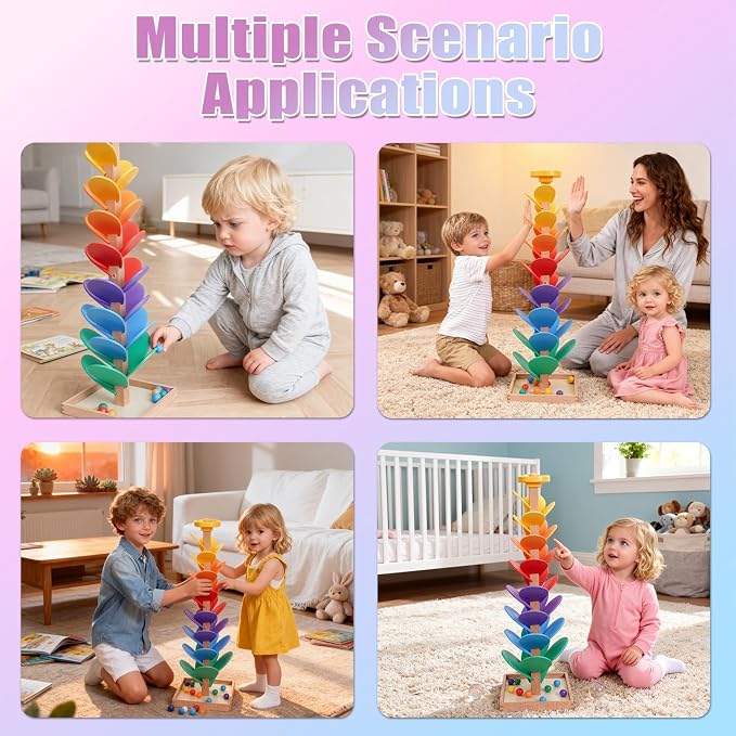 Wooden Rainbow Marble Run Tree, 30pcs Vertical Marble Run Construction Game,Creative Color Sorting Ball Drop Musical Toy,Montessori Learning Stem Gift for Kids Age 3,4,5,6,7,8+