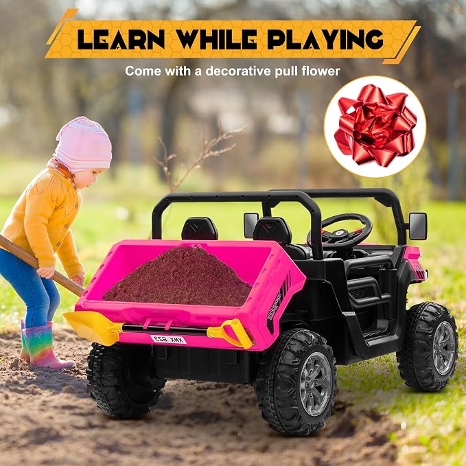 24V 4WD Ride on Car Dump Truck w/4X200W Motor, 2 Seaters, Gift Flower, 2.4G Remote Control, Bluetooth Music, LED Light, 24 Volt Ride on Toy Cars for Big Kids, Pink