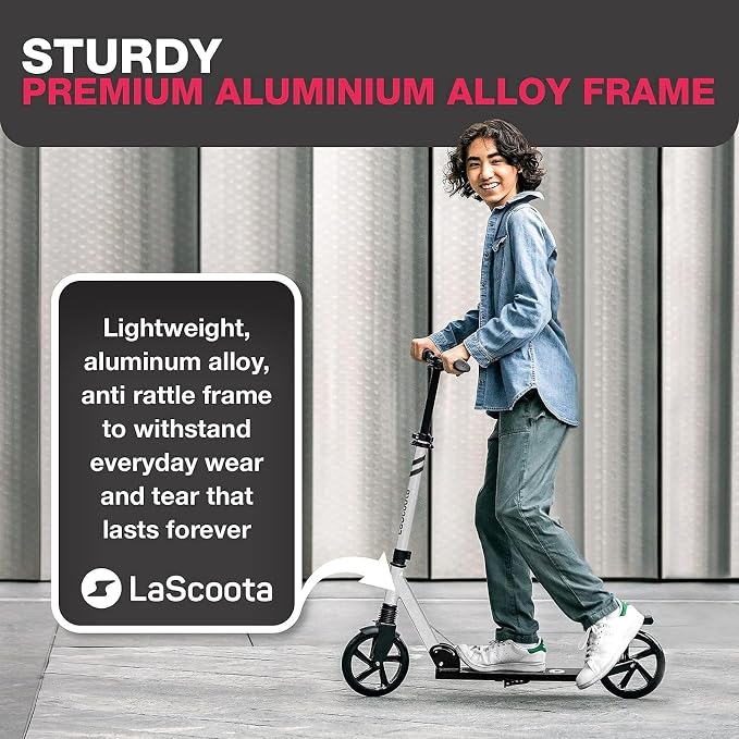 LaScoota Kick Scooter for Kids Ages 6+, Teens & Adults, Large 8" Sturdy Urethane Wheels. Adjustable Handlebar, Lightweight, Foldable, 220lbs Max Load