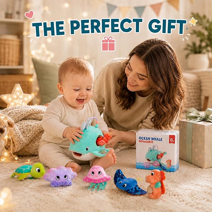Baby Sensory Toys 6-12 Months - Montessori Ocean Adventure Set with Soft Whale & 6 Sea Animals, Rattle, Crinkle, Squeaker & Mirror for Fine Motor Development