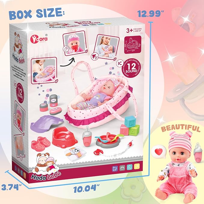 SMILESSKIDDO Baby Doll Set - 14" Babydoll with Dolls Accessiores, Realistic Pretend Play Doll Includes Carrier Bassinet Bed, Feeding Set, Doll Clothes, Toddler Toys Gifts for 1 2 3 4 5 Year Old
