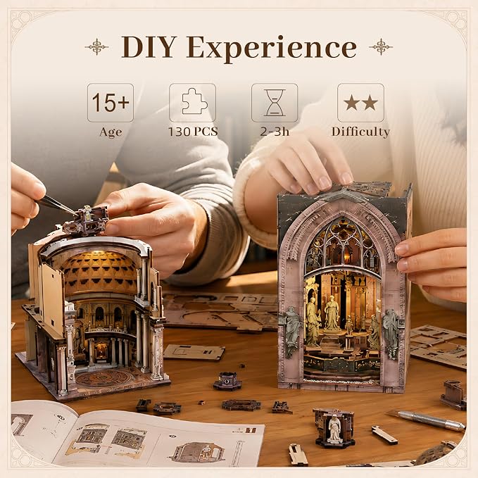 2 Pack DIY Book Nook Kit, Pantheon & Duomo di Milano Architecture Miniature with LED Light & Dust Cover, Dynamic Moving Light Effect, Easy Assembly Wooden Craft for Adults Bookshelf Decor