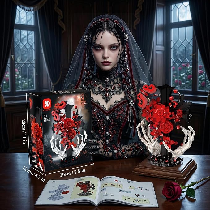 Gothic Decor Gothic Cross with Skull Hands Building Set – 8+ Halloween Decor, Bone Hands Holding Flower Cross & Butterfly, Home Office Shelf Accent, Valentine’s Day Gift for Adults(901PCS)