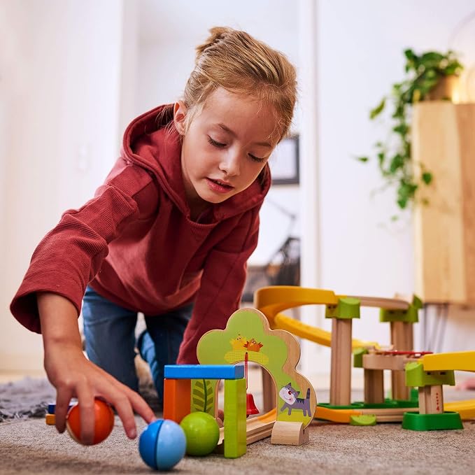 HABA Kullerbu Sim-Sala-Kling - 38 Piece Wooden & Plastic Train Track Set for Balls with Musical Effects and Domino Blocks