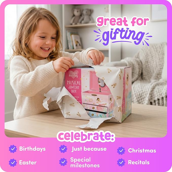 Giggle & Honey Musical Ballerina Jewelry Box for Girls - Kids Music Box with Spinning Ballerina, Ballet Birthday Gifts for Little Girls, Jewelry Boxes, 6.8 x 5.3 x 6 in - Ages 3-10, Pink