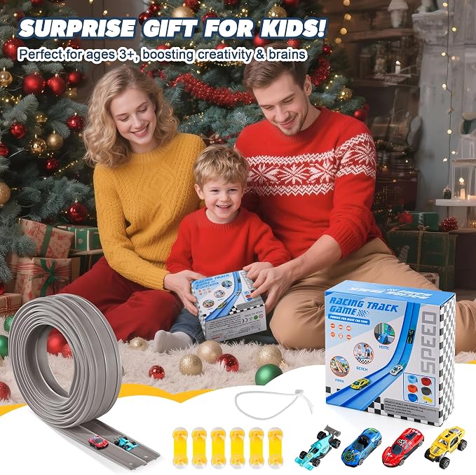 Flexible Race Track for Kids - 15 Ft Flex Track Race Car Tracks with Car Ramp Toy, Fit for Monster Truck Track & Kids' Play Cars, Race Tracks for Toddlers 3+, Gifts for Boys Girls (Gray)