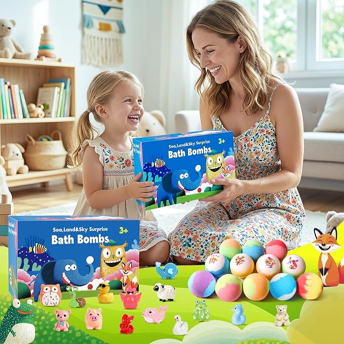 30 Pack Bath Bombs for Kids with Toys Inside, Kids Bath Bombs Gift Set with 30 Sea & Land & Sky Animal Surprise Toy, Child-Safe Natural Bubble Bath Toys, Birthday Gifts for Kids Boys Girls