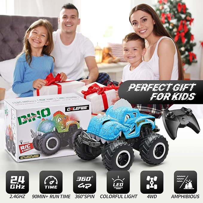 Amphibious Remote Control Car, 1:20 Waterproof Dinosaur Monster Trucks for Boys Age 4-7, 2.4GHz All Terrain RC Cars with 2 Batteries, 360° Rotating Stunt RC Car Toy Birthday Gift for Kids 3-5