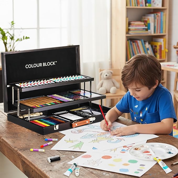 COLOUR BLOCK 181-Piece Mixed Media Art Set in Wooden Case, Deluxe Drawing Set and Professional Art Supplies for Adults, Art Kit for Drawing, Sketching, Painting with 12 Mediums, 11 Tools and Paper